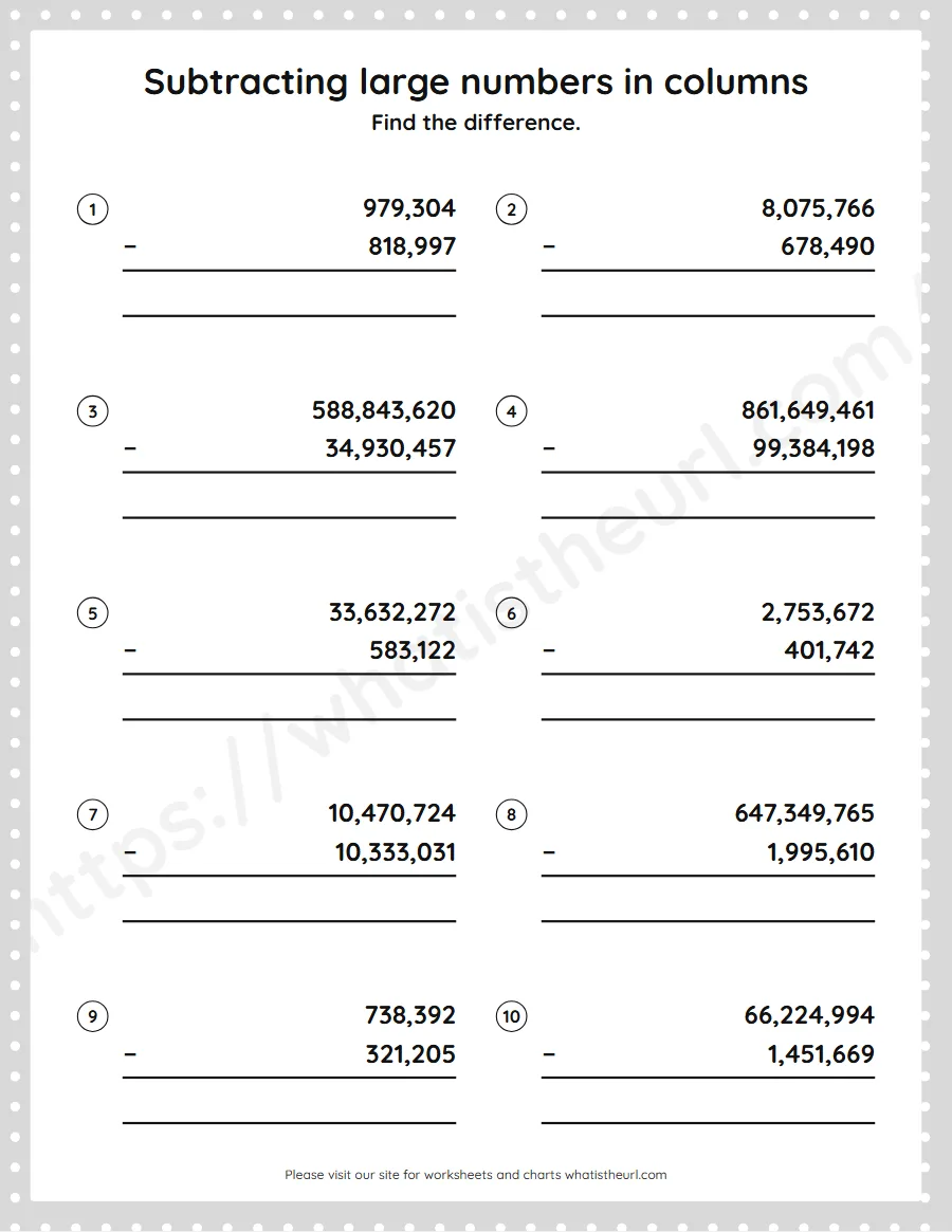 Grade 5 subtracting large numbers in columns worksheet - worksheet
