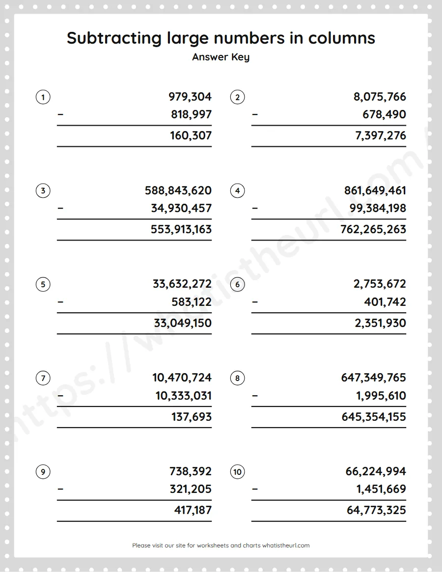 Grade 5 subtracting large numbers in columns worksheet - answer key