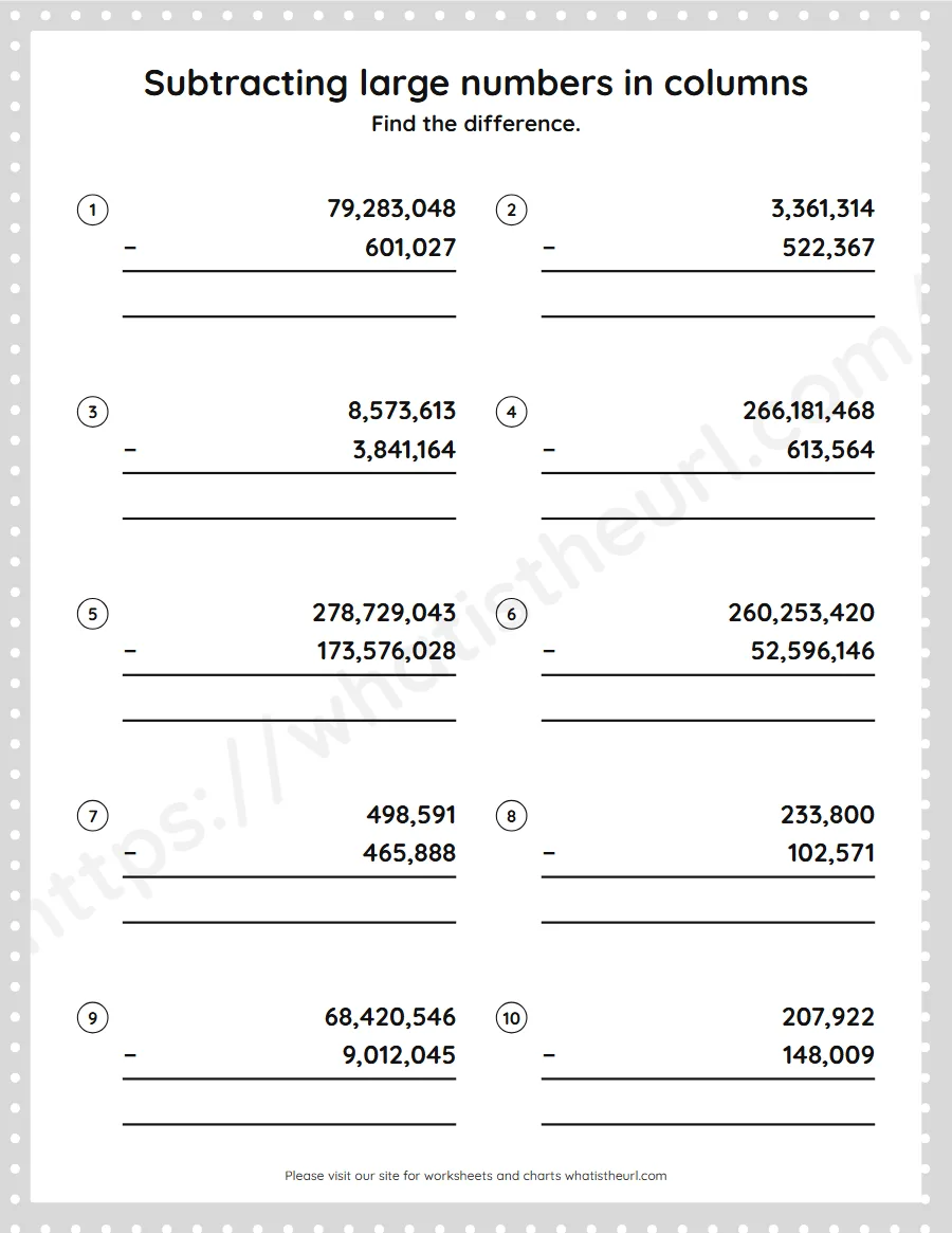 Grade 5 subtracting large numbers in columns worksheet - worksheet