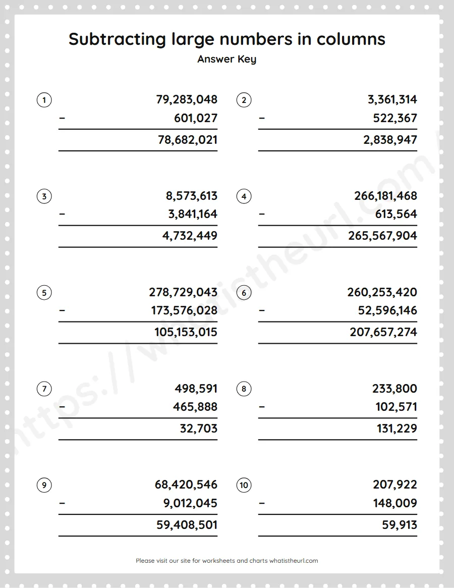 Grade 5 subtracting large numbers in columns worksheet - answer key