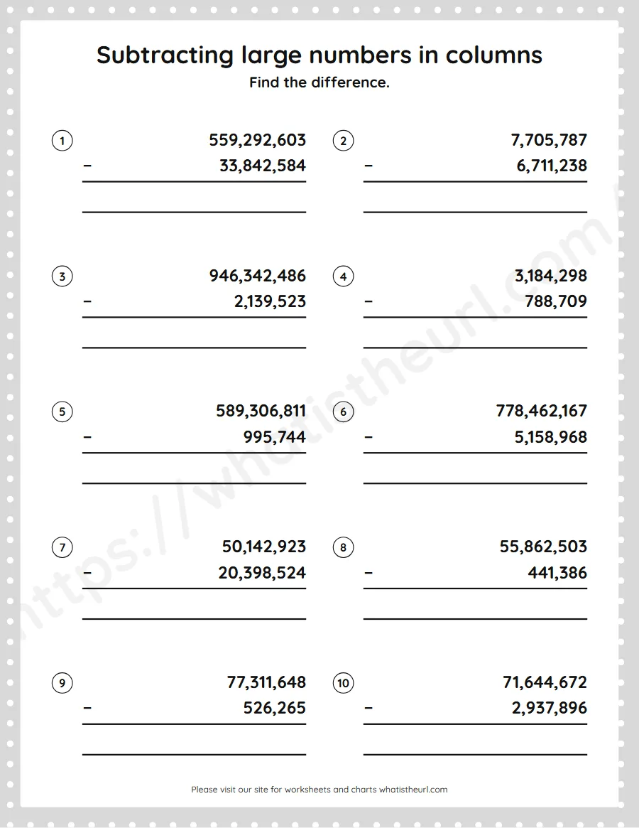 Grade 5 subtracting large numbers in columns worksheet - worksheet