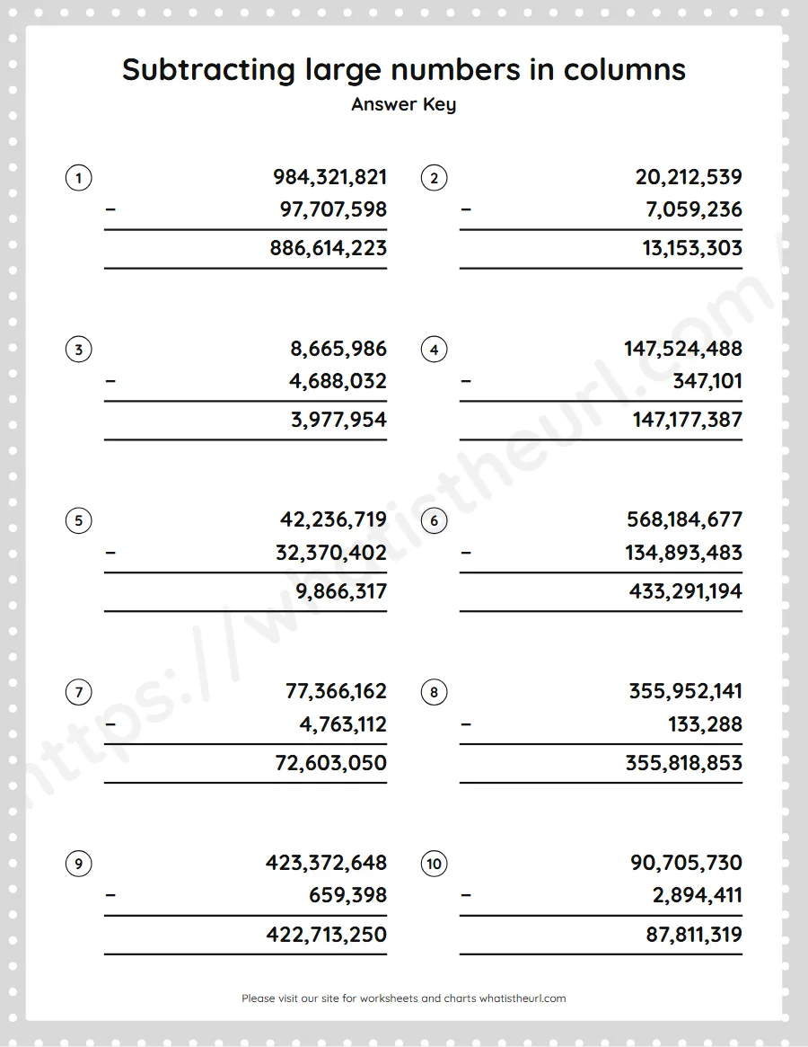 Grade 5 subtracting large numbers in columns worksheet - answer key