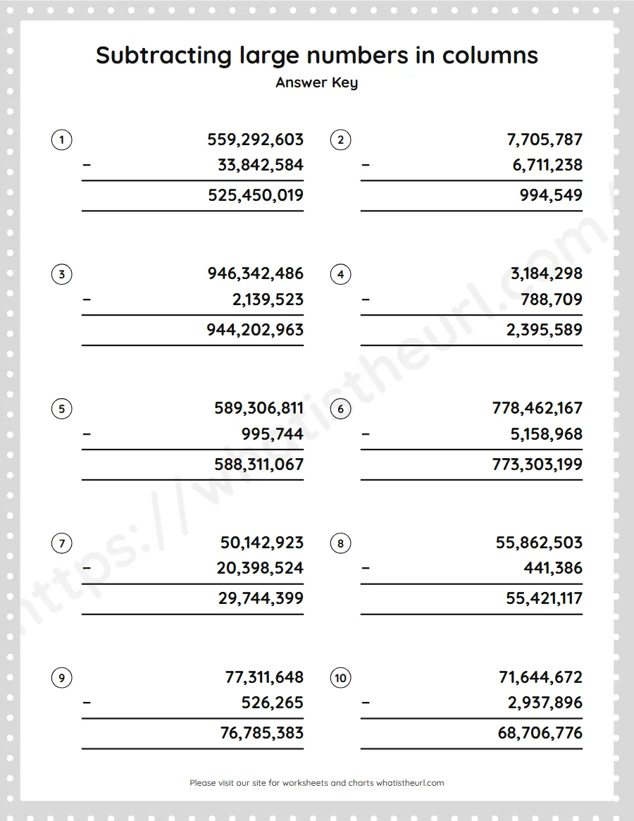 Grade 5 subtracting large numbers in columns worksheet - answer key