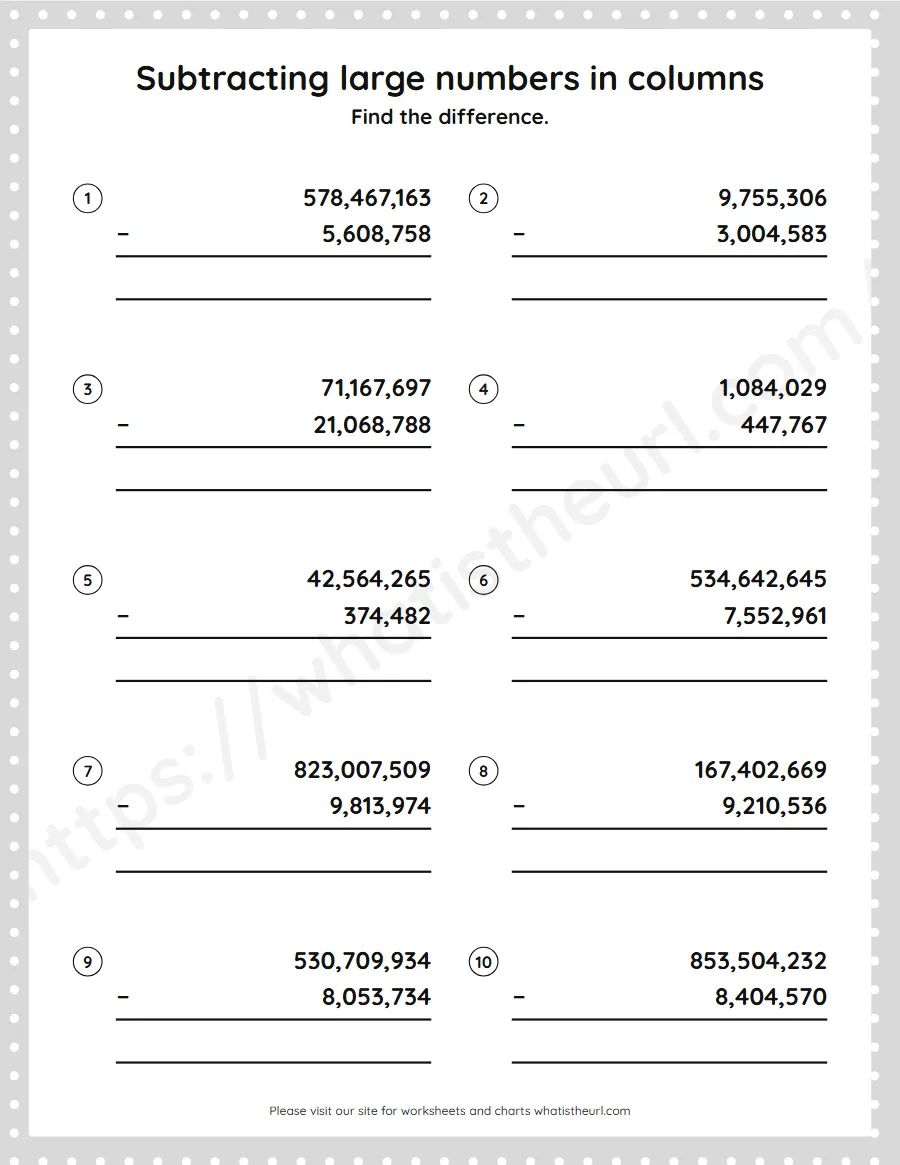 Grade 5 subtracting large numbers in columns worksheet - worksheet