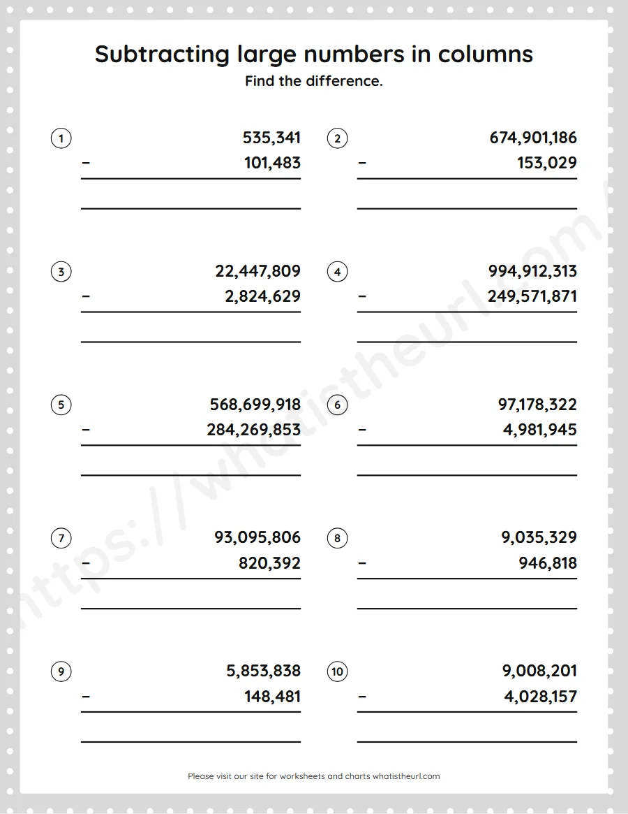 Grade 5 subtracting large numbers in columns worksheet - worksheet
