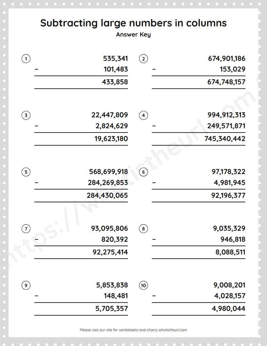 Grade 5 subtracting large numbers in columns worksheet - answer key