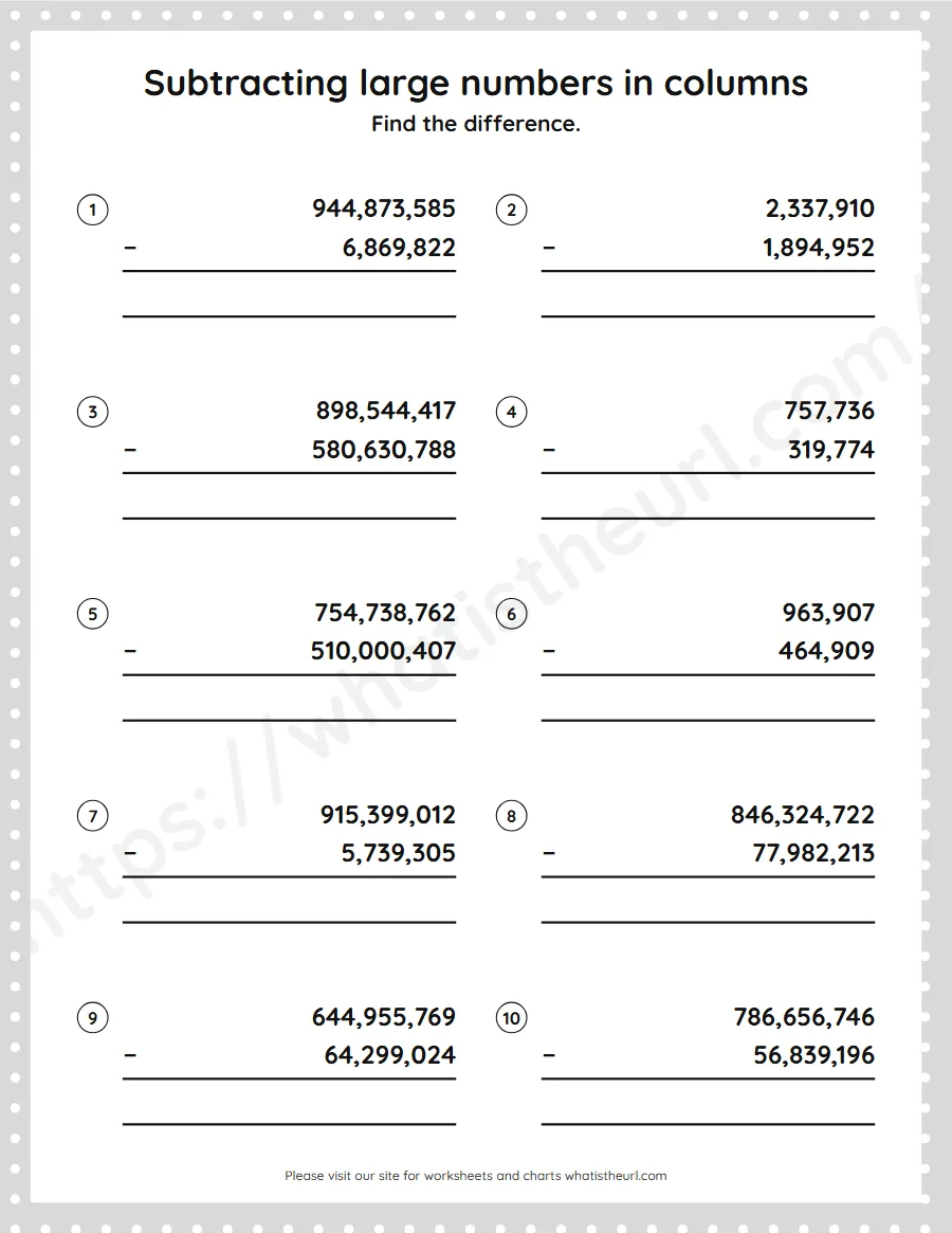 Grade 5 subtracting large numbers in columns worksheet - worksheet
