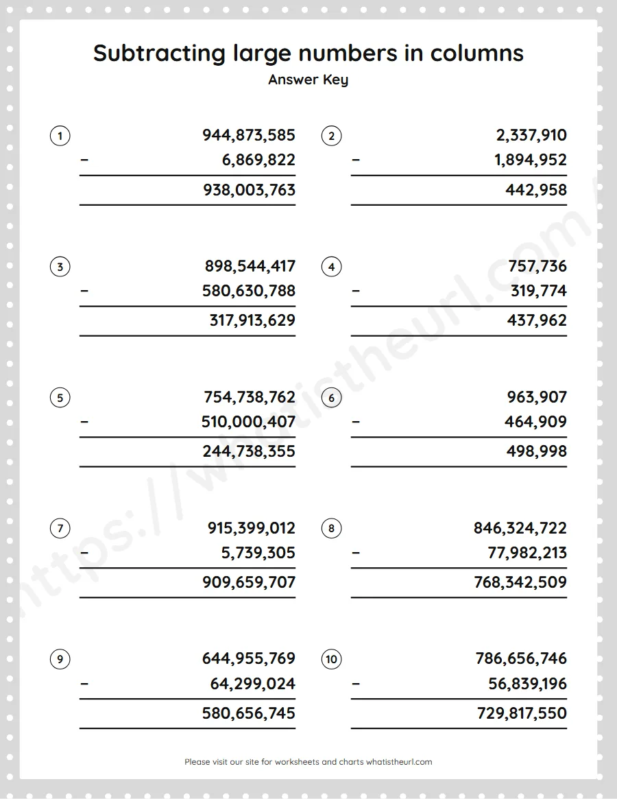 Grade 5 subtracting large numbers in columns worksheet - answer key