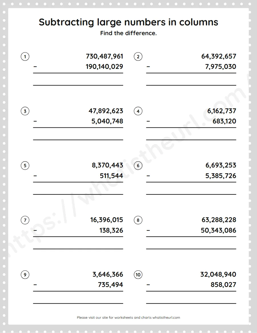 Grade 5 subtracting large numbers in columns worksheet - worksheet