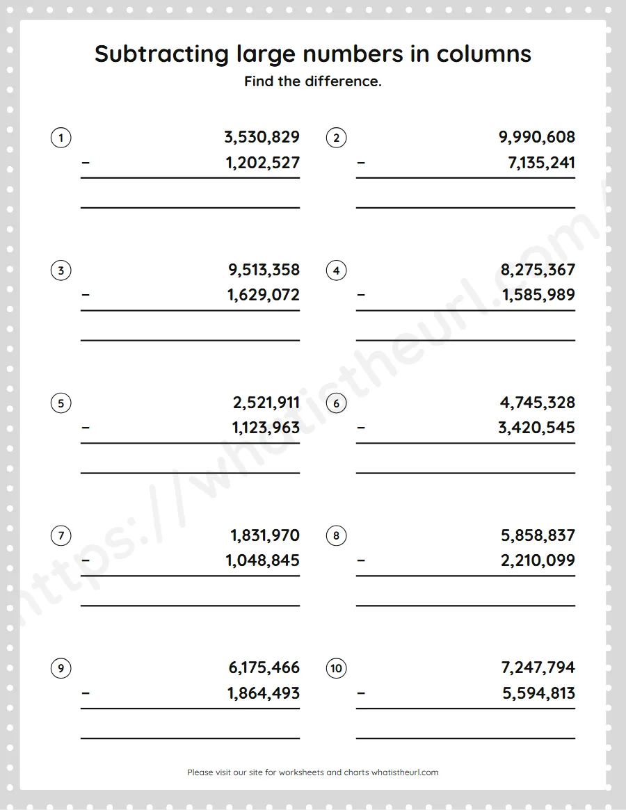 Grade 5 subtracting large numbers in columns worksheet - worksheet