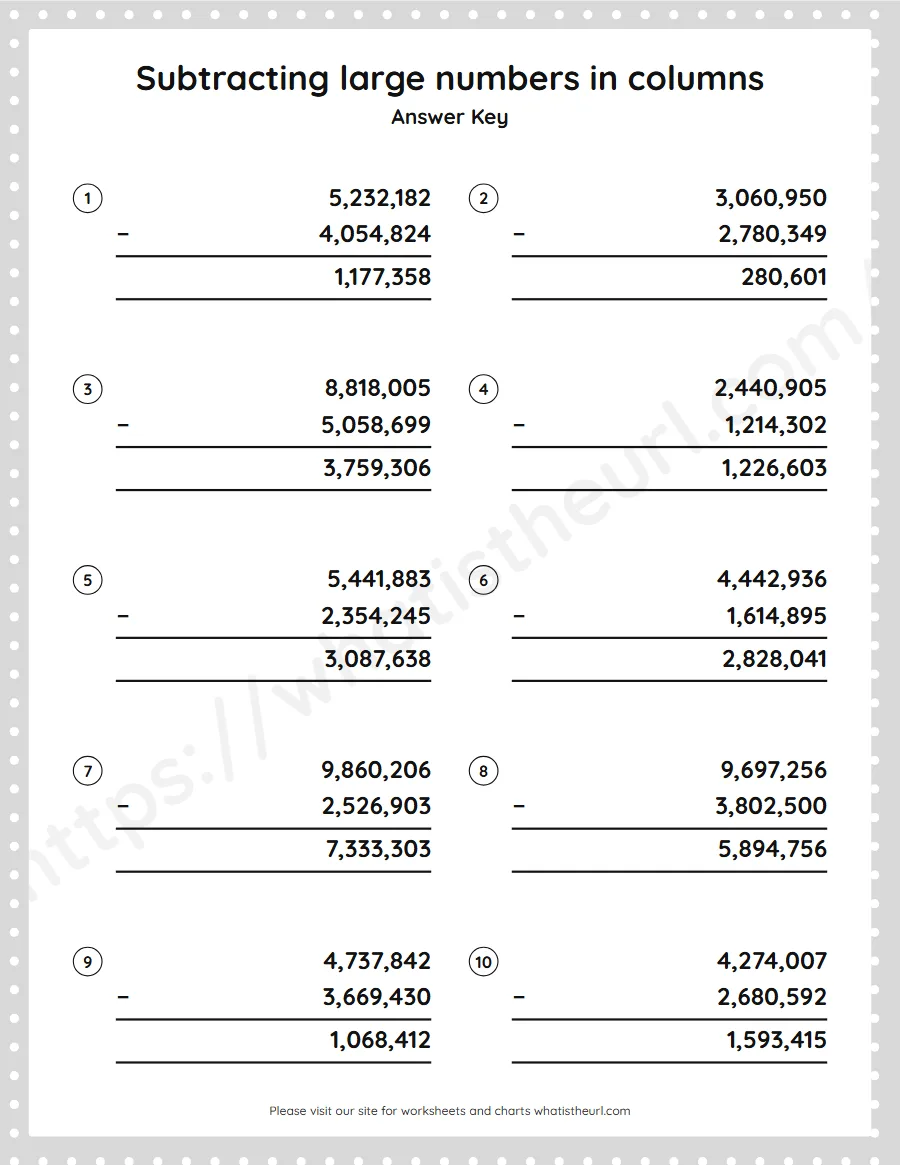 Grade 5 subtracting large numbers in columns worksheet - answer key