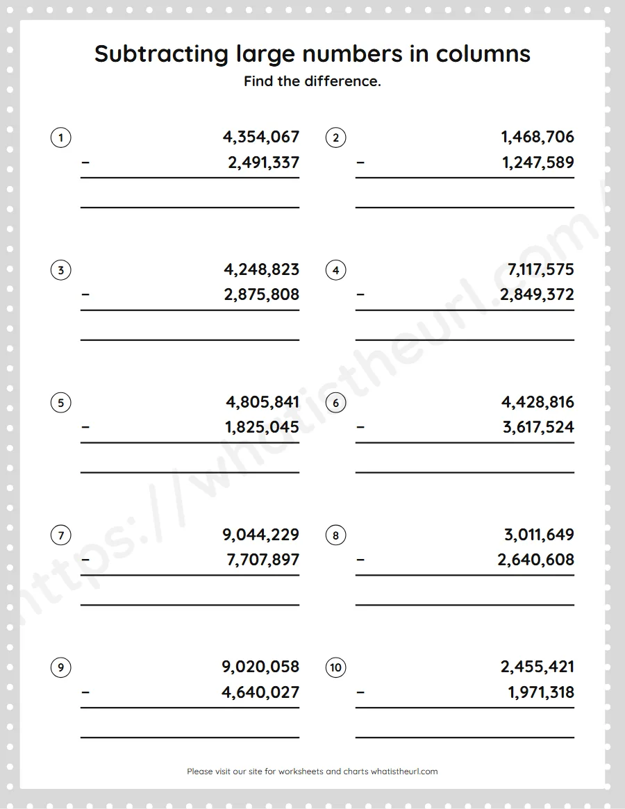 Grade 5 subtracting large numbers in columns worksheet - worksheet
