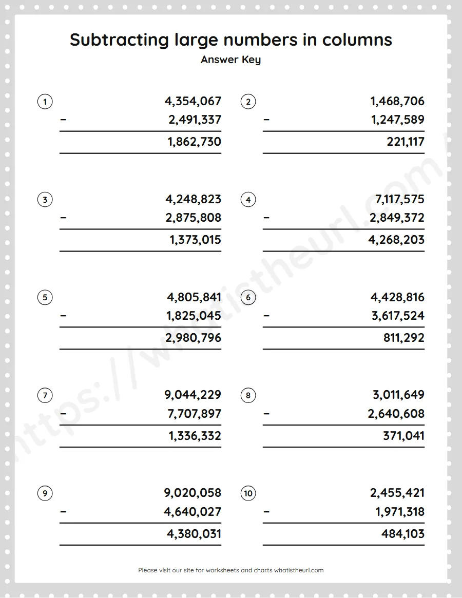 Grade 5 subtracting large numbers in columns worksheet - answer key