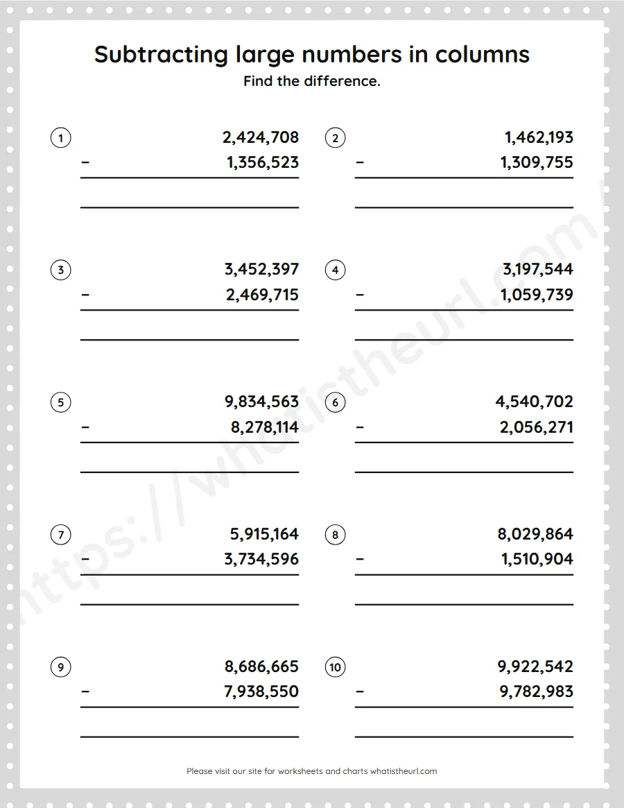 Grade 5 subtracting large numbers in columns worksheet - worksheet