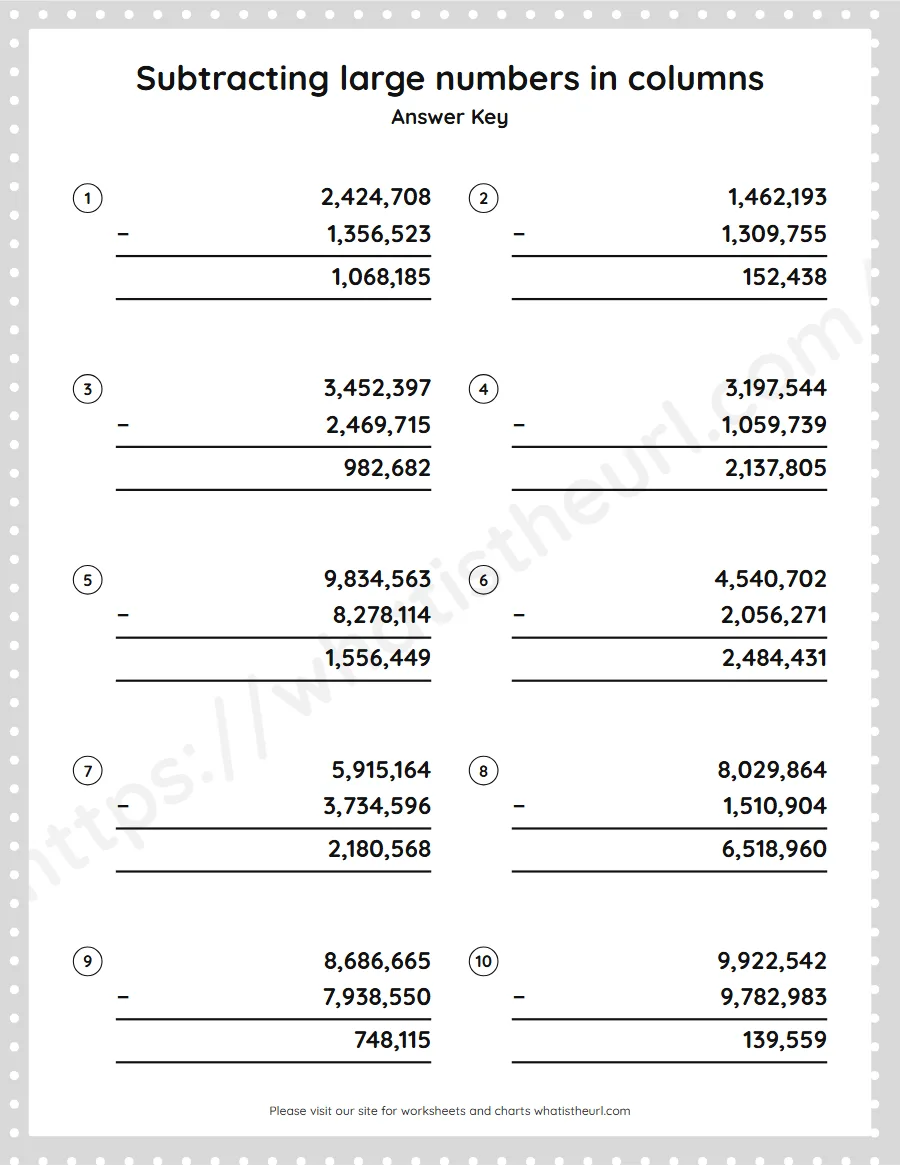 Grade 5 subtracting large numbers in columns worksheet - answer key