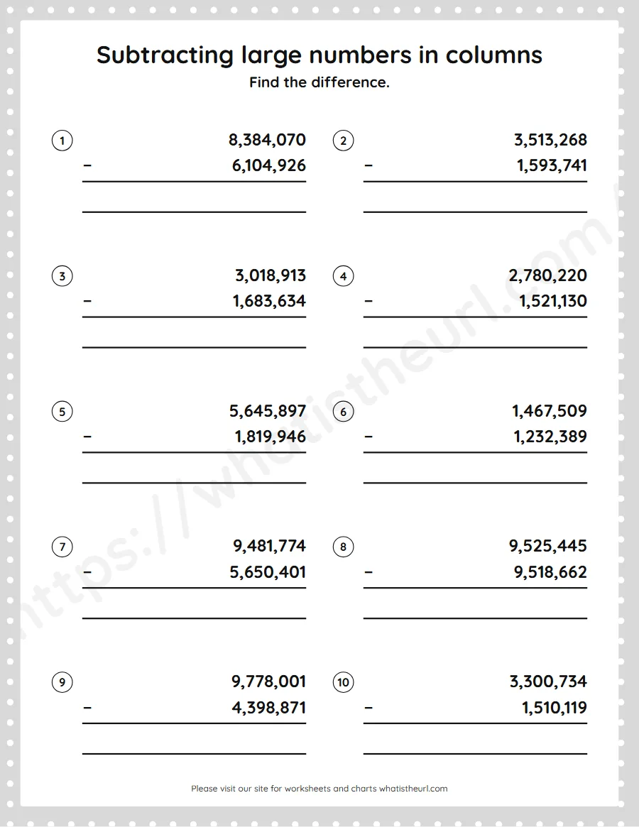 Grade 5 subtracting large numbers in columns worksheet - worksheet