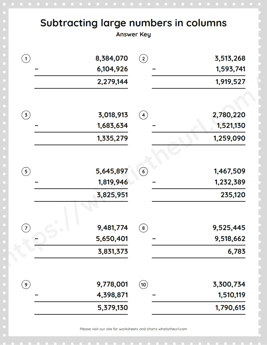 Grade 5 subtracting large numbers in columns worksheet - answer key