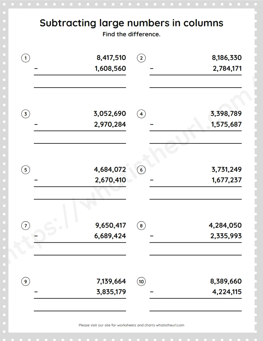 Grade 5 subtracting large numbers in columns worksheet - worksheet