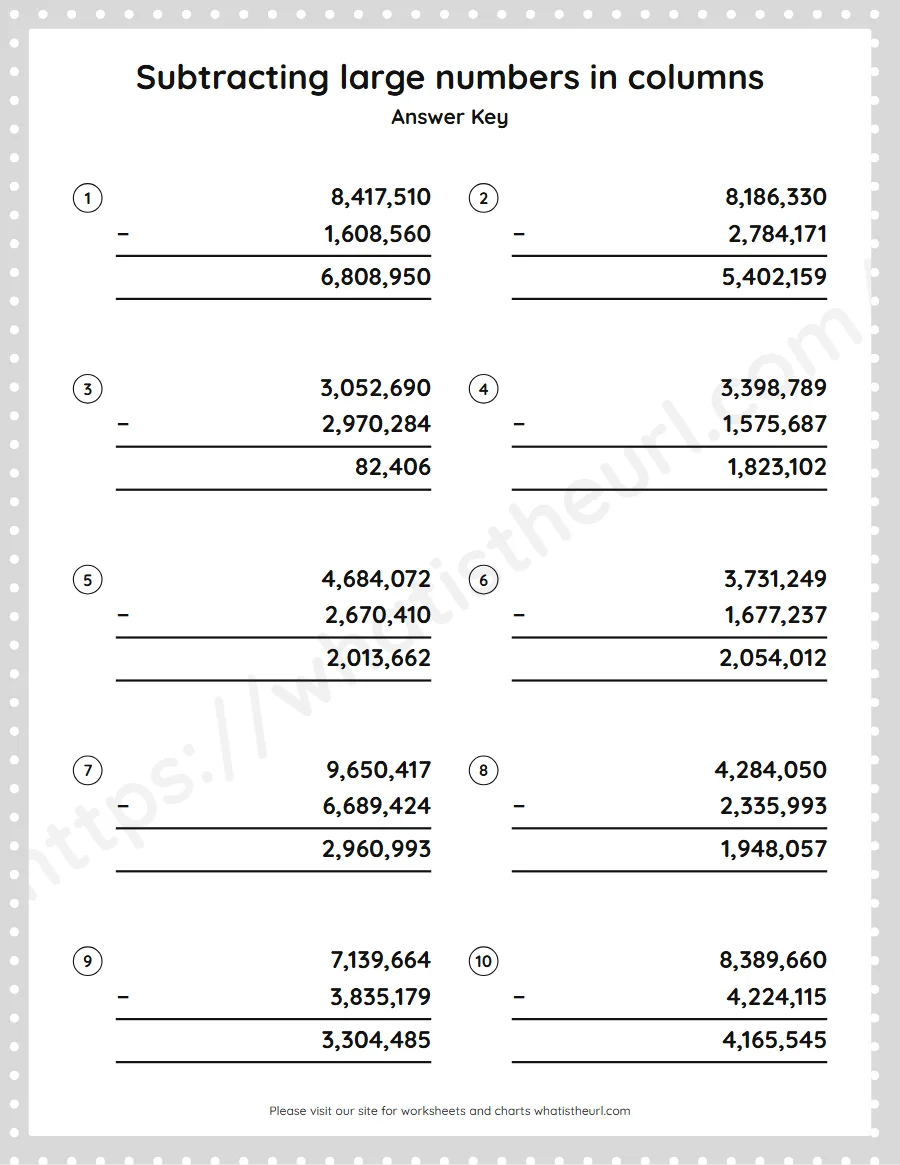 Grade 5 subtracting large numbers in columns worksheet - answer key
