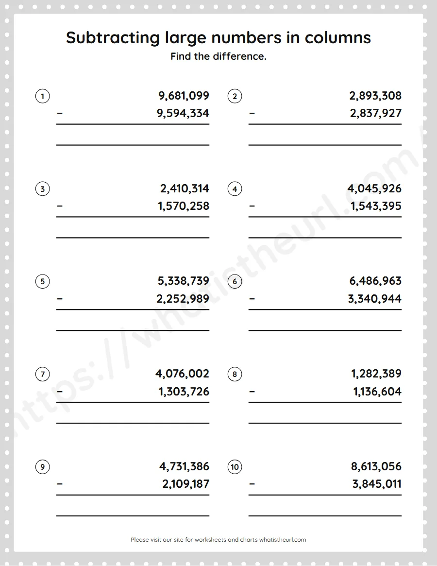 Grade 5 subtracting large numbers in columns worksheet - worksheet