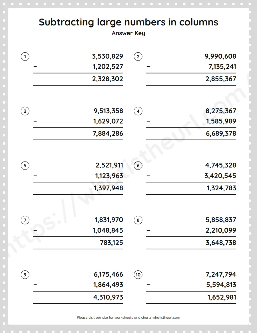 Grade 5 subtracting large numbers in columns worksheet - answer key