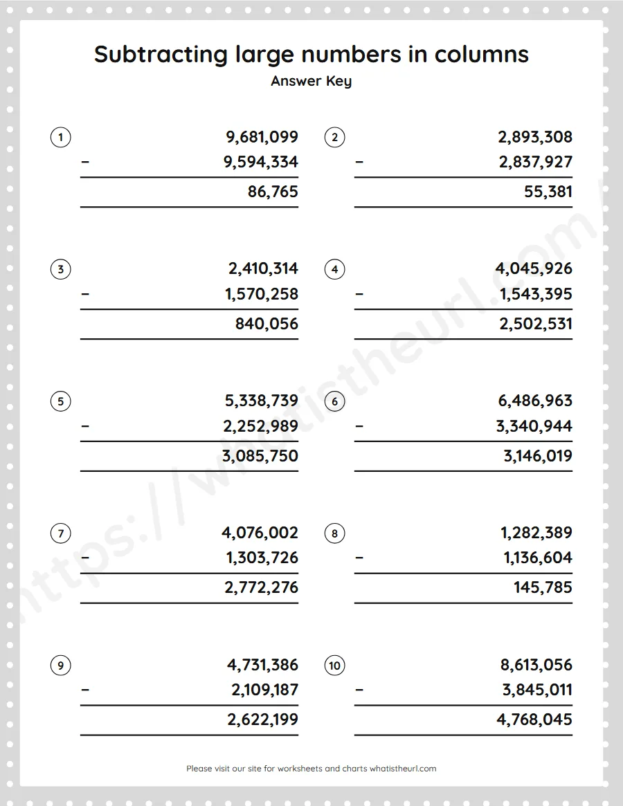 Grade 5 subtracting large numbers in columns worksheet - answer key