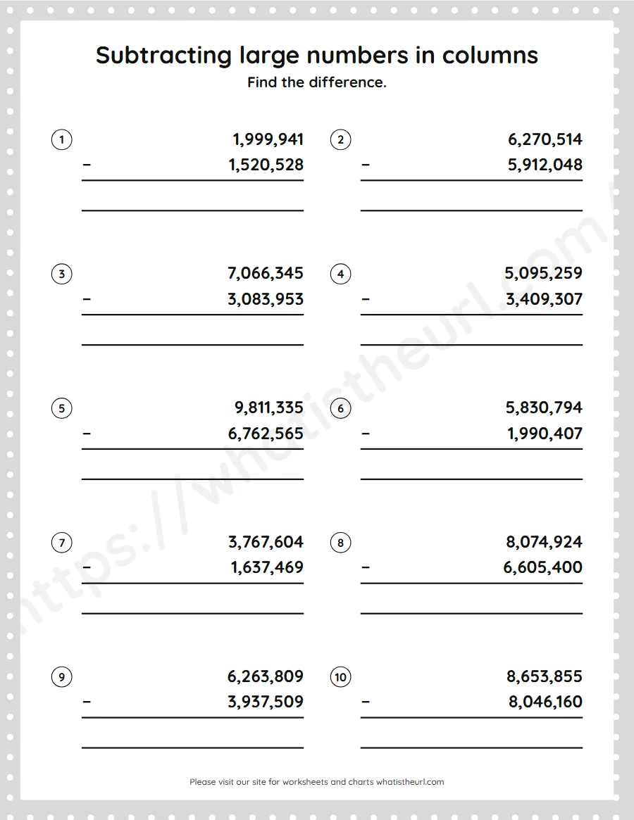 Grade 5 subtracting large numbers in columns worksheet - worksheet