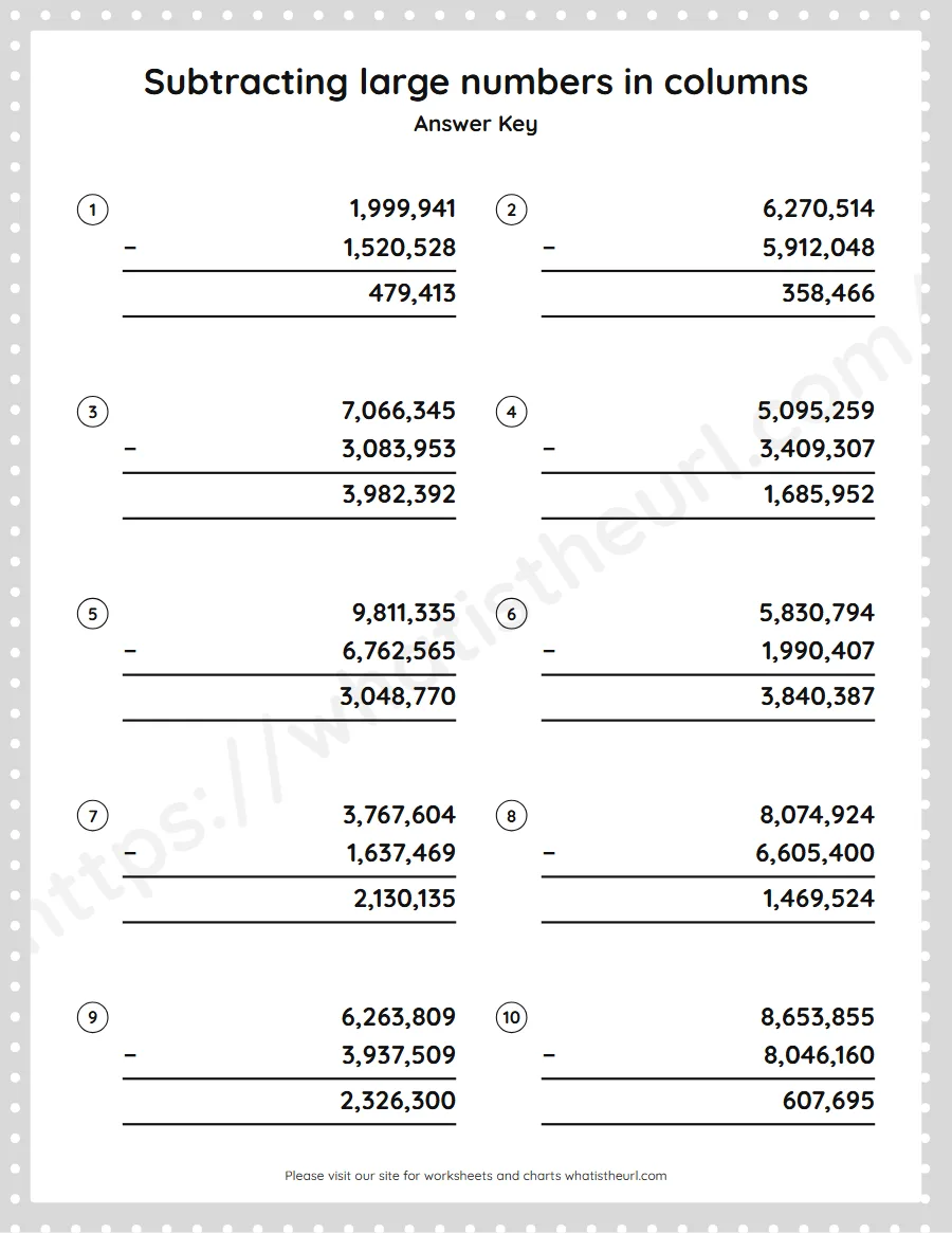 Grade 5 subtracting large numbers in columns worksheet - answer key