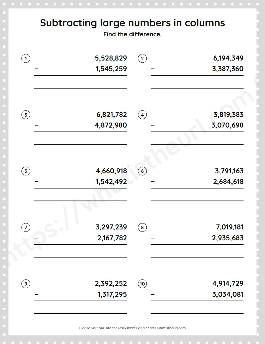 Grade 5 subtracting large numbers in columns worksheet - worksheet