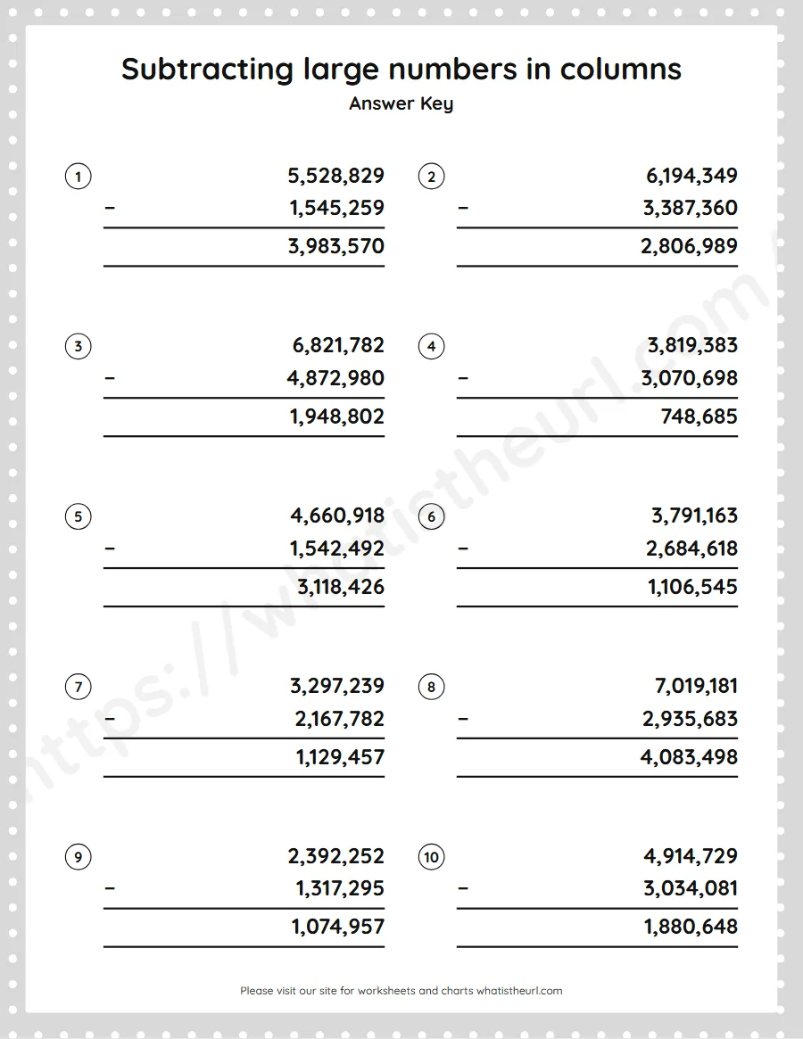 Grade 5 subtracting large numbers in columns worksheet - answer key