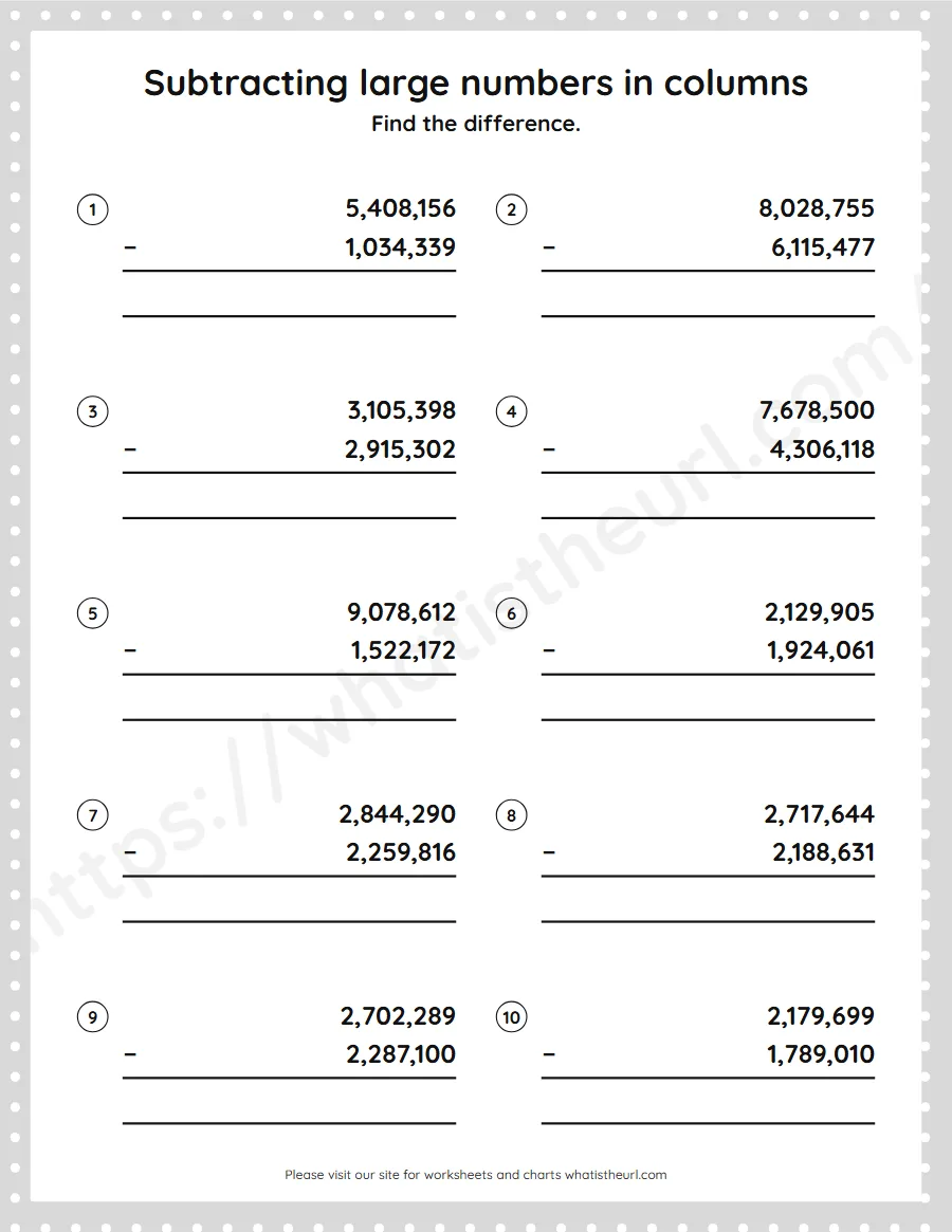 Grade 5 subtracting large numbers in columns worksheet - worksheet