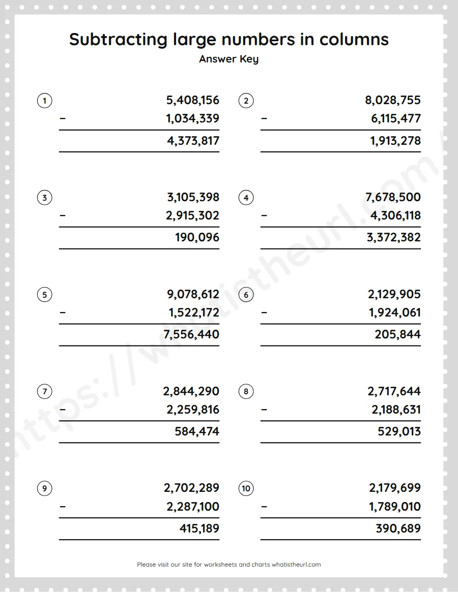 Grade 5 subtracting large numbers in columns worksheet - answer key