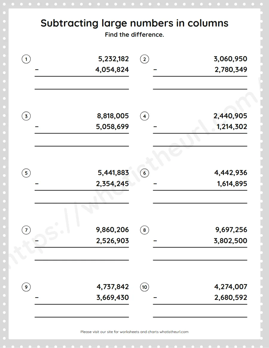 Grade 5 subtracting large numbers in columns worksheet - worksheet
