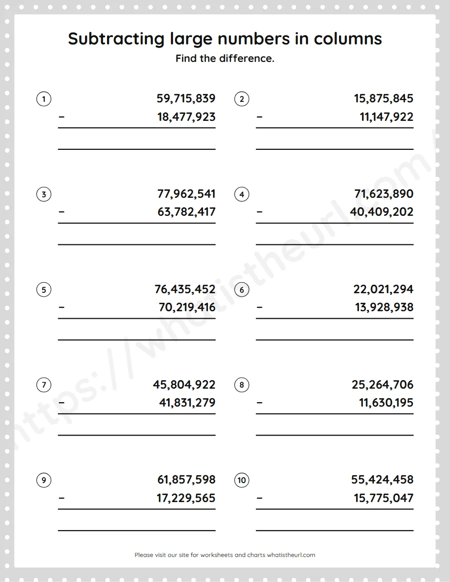Grade 5 subtracting large numbers in columns worksheet - worksheet