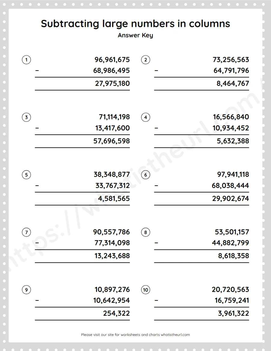 Grade 5 subtracting large numbers in columns worksheet - answer key