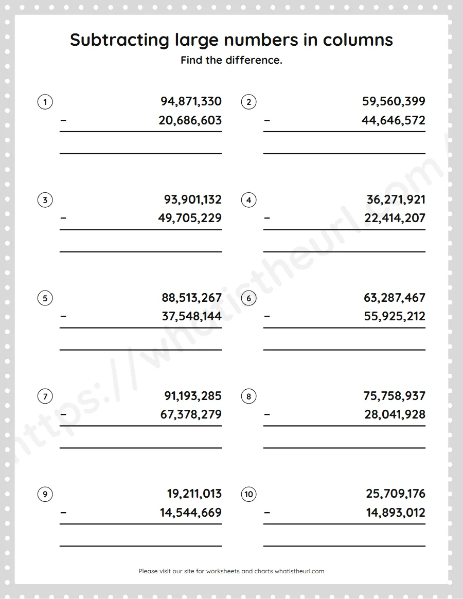 Grade 5 subtracting large numbers in columns worksheet - worksheet