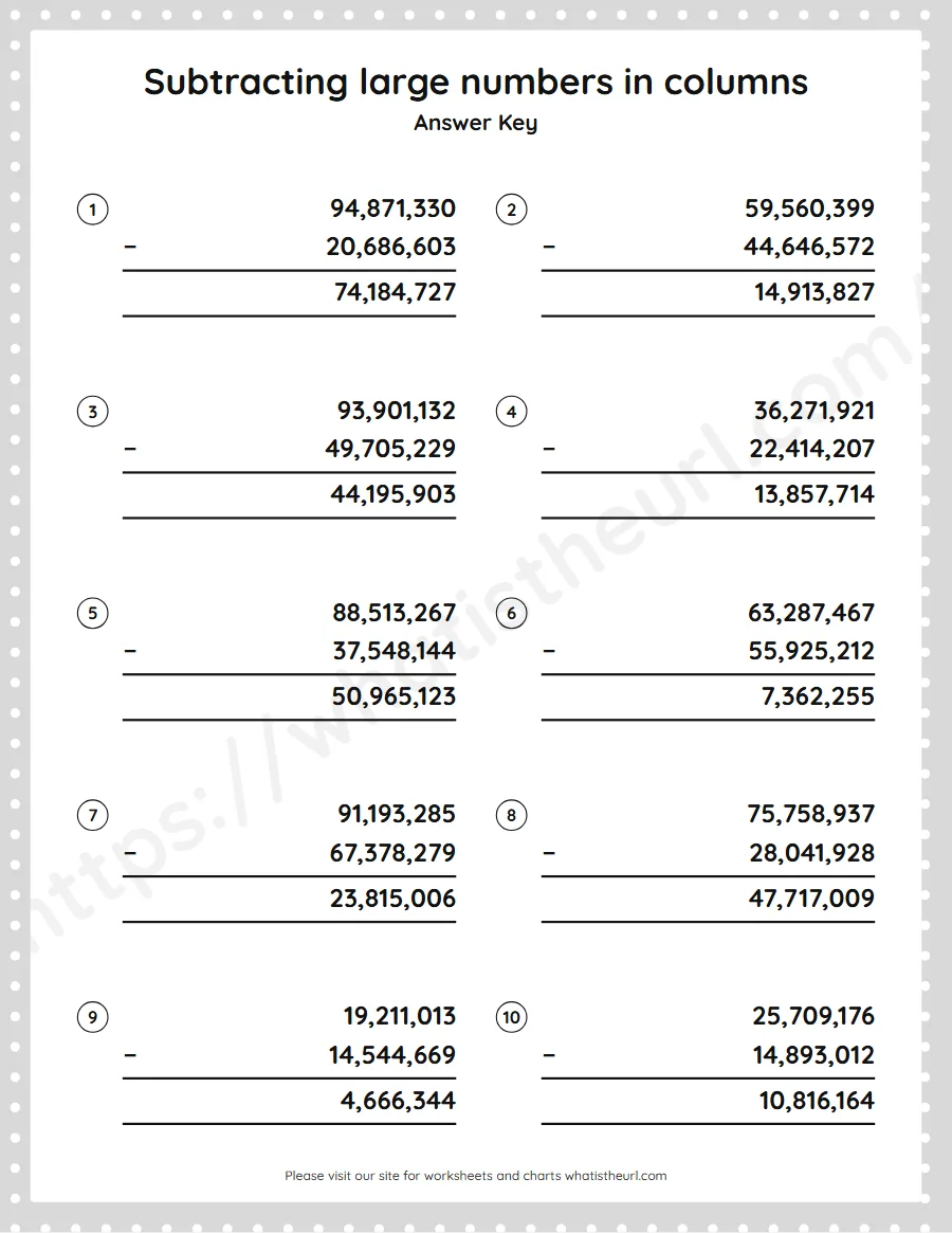 Grade 5 subtracting large numbers in columns worksheet - answer key