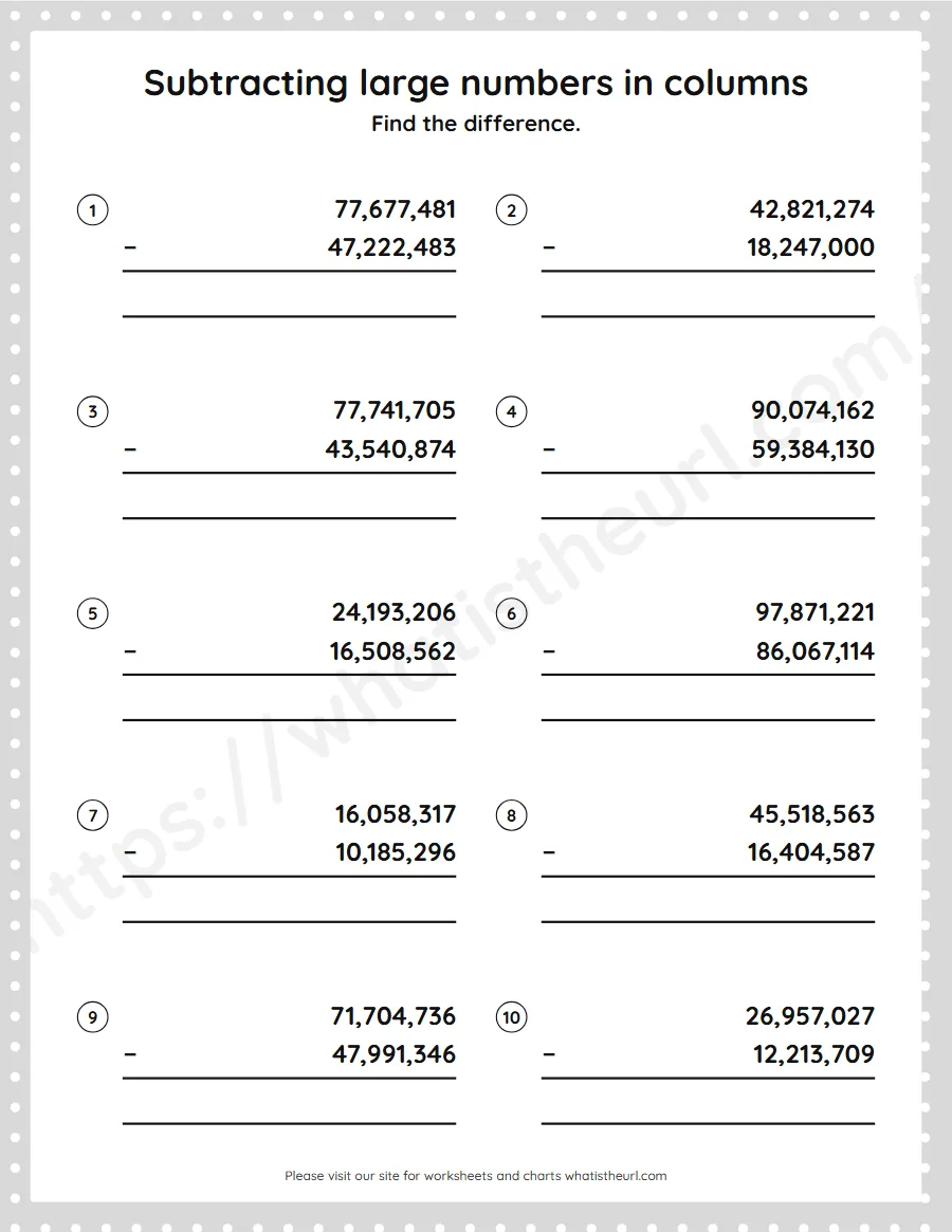 Grade 5 subtracting large numbers in columns worksheet - worksheet
