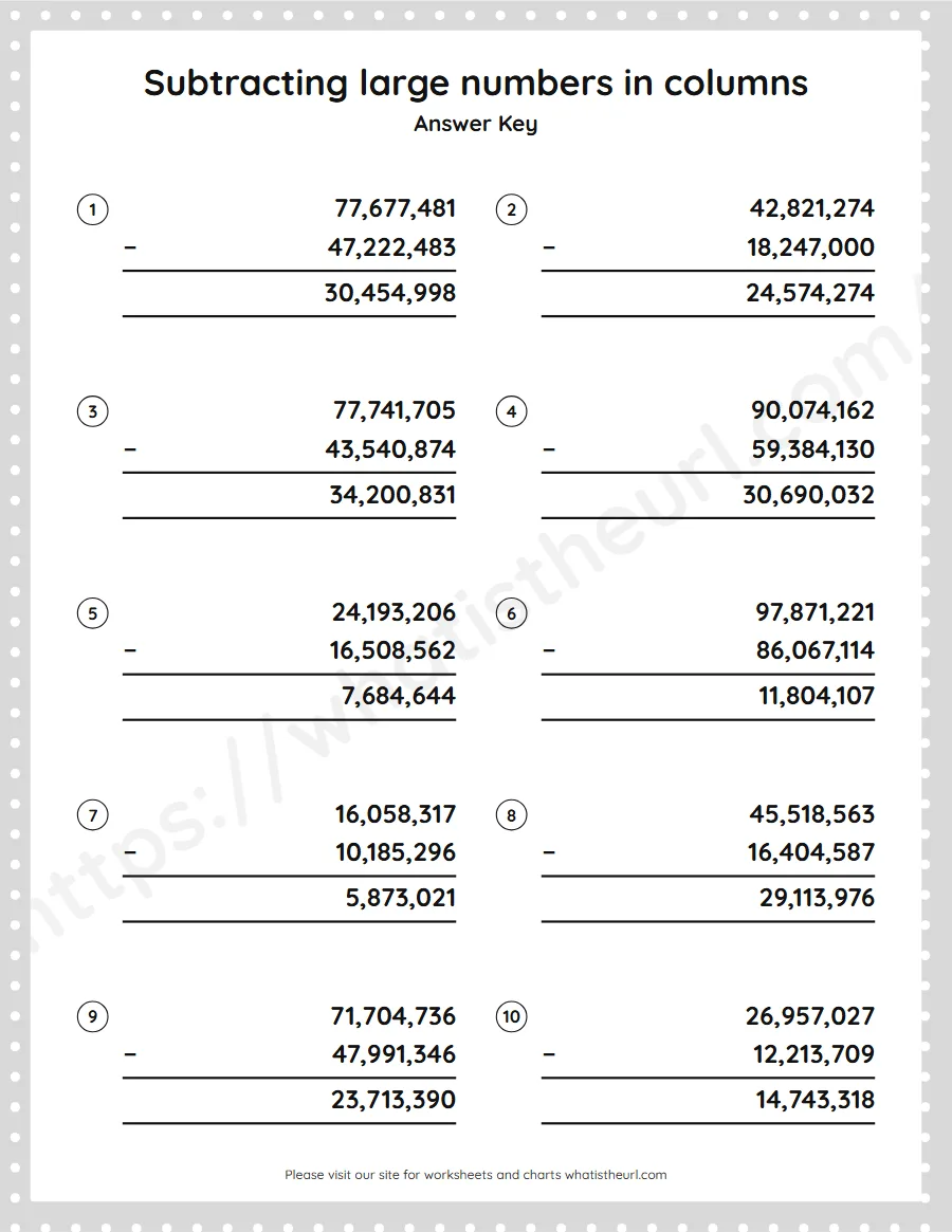 Grade 5 subtracting large numbers in columns worksheet - answer key