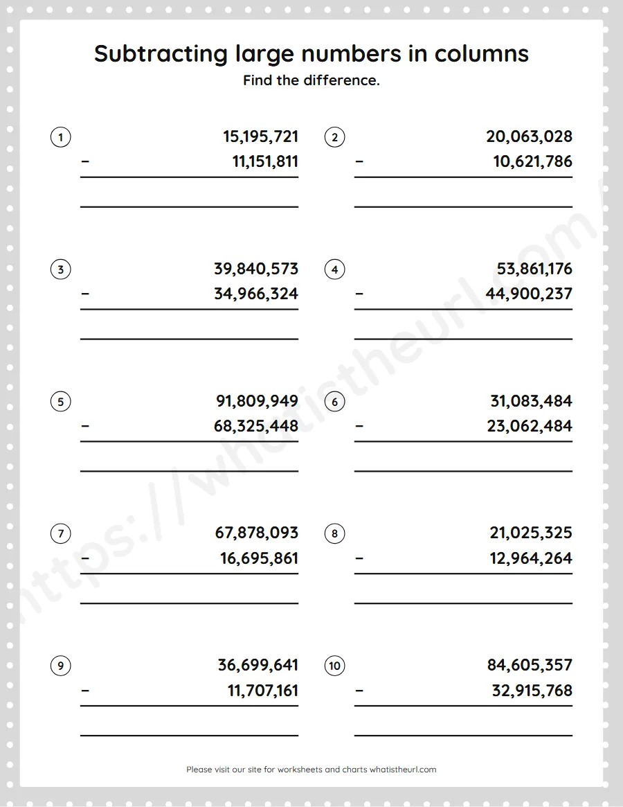 Grade 5 subtracting large numbers in columns worksheet - worksheet