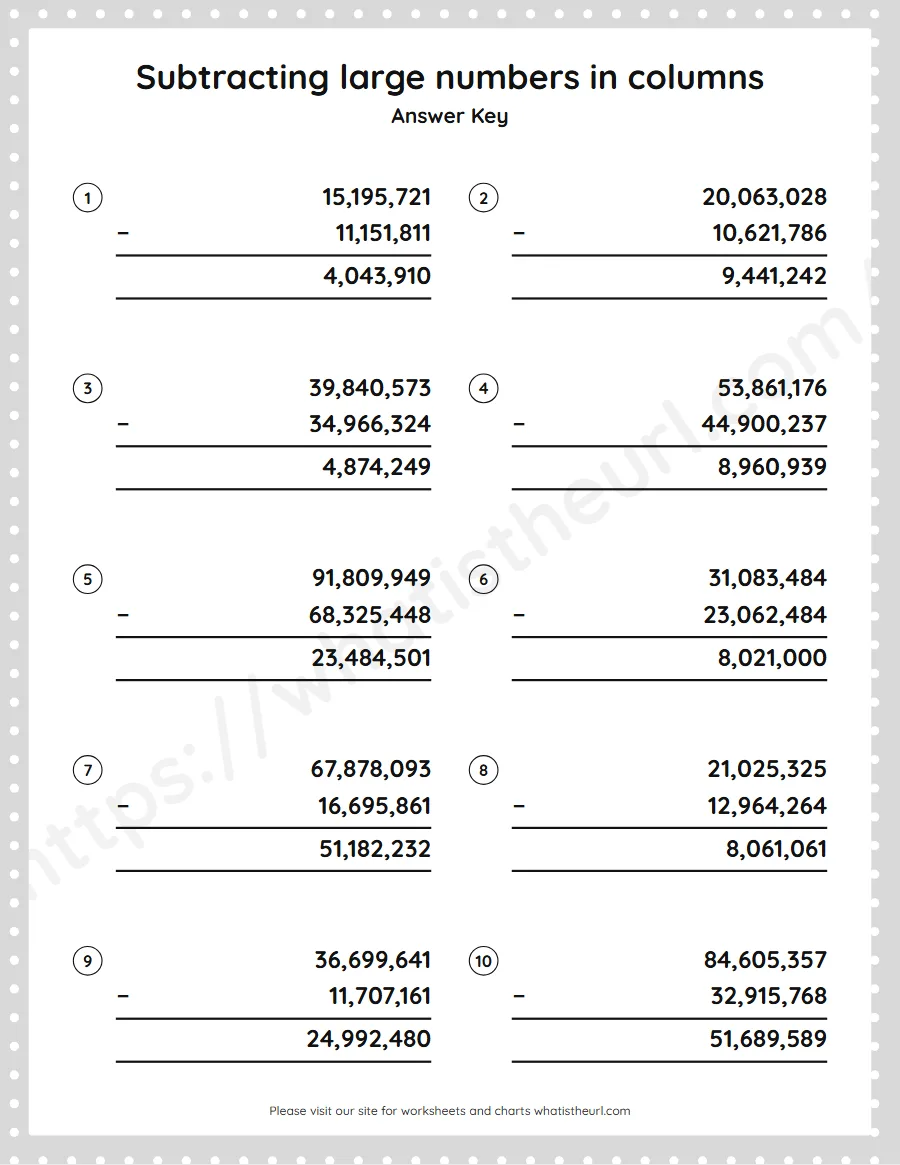 Grade 5 subtracting large numbers in columns worksheet - answer key