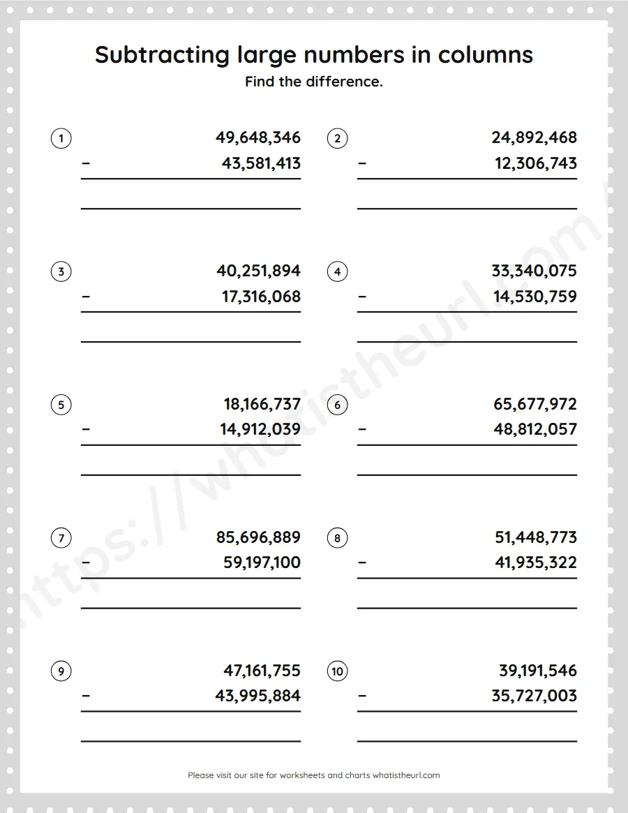 Grade 5 subtracting large numbers in columns worksheet - worksheet