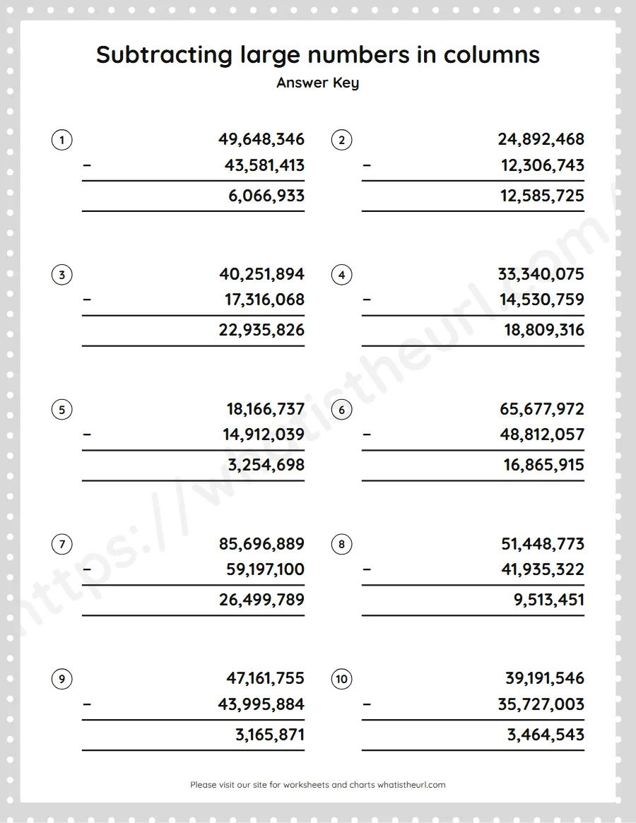Grade 5 subtracting large numbers in columns worksheet - answer key