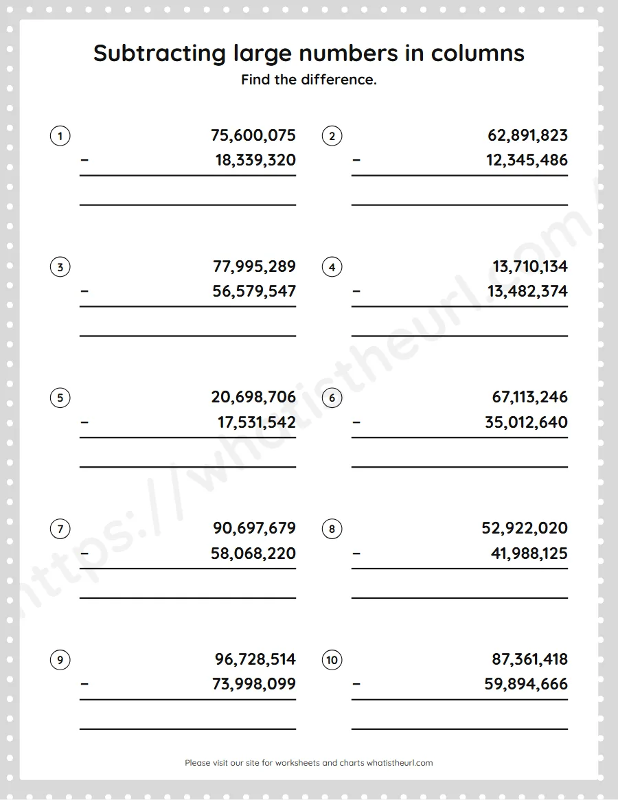 Grade 5 subtracting large numbers in columns worksheet - worksheet