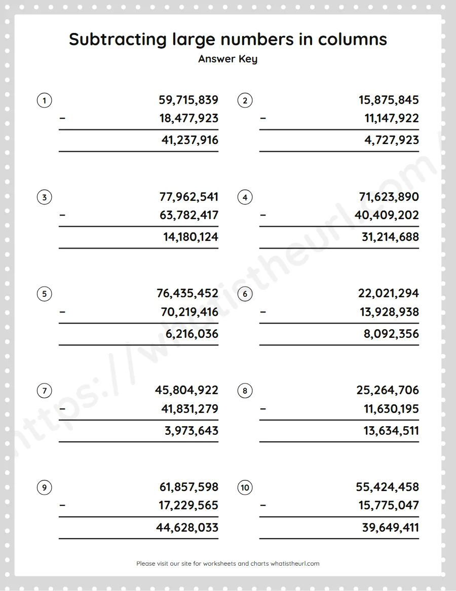 Grade 5 subtracting large numbers in columns worksheet - answer key