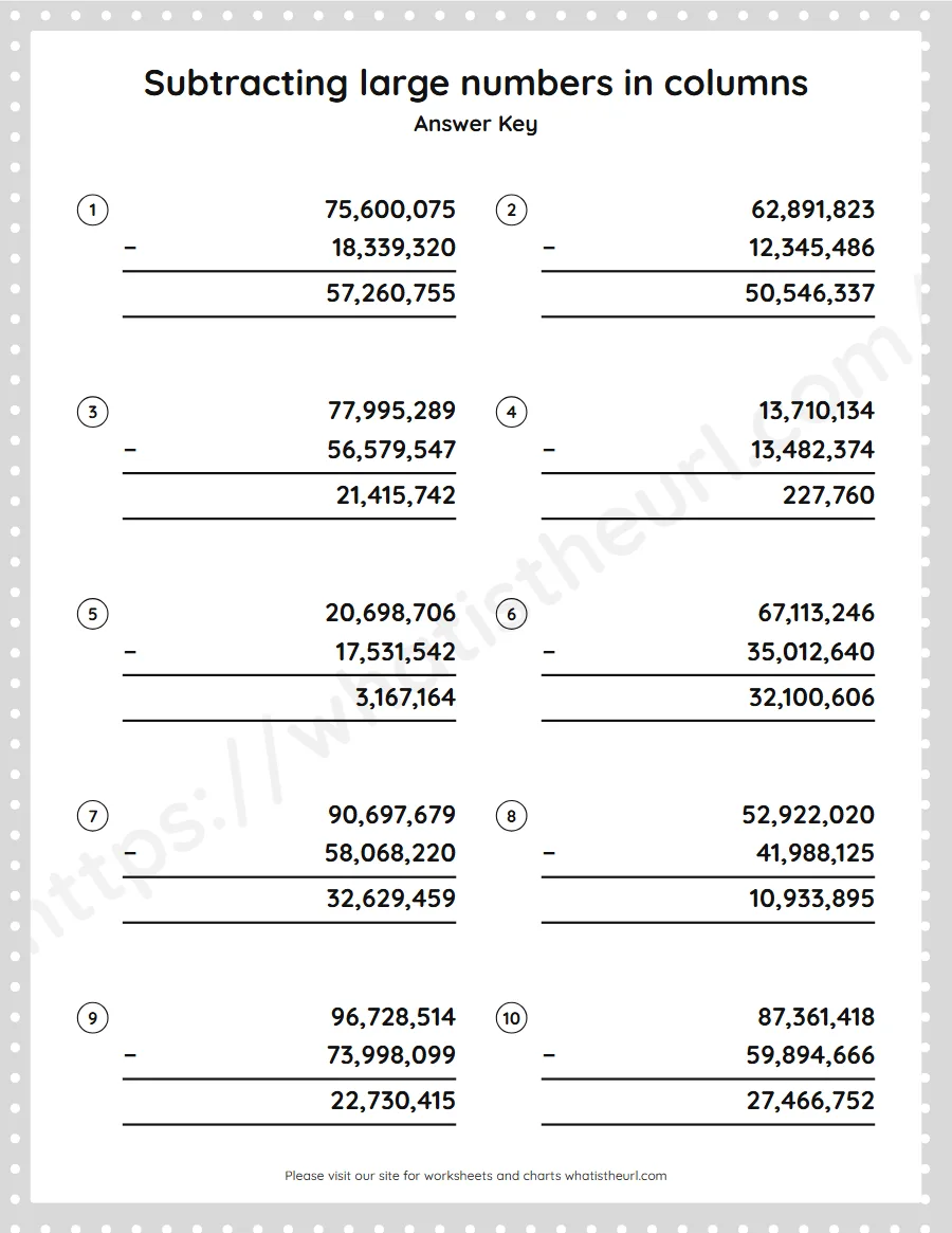 Grade 5 subtracting large numbers in columns worksheet - answer key