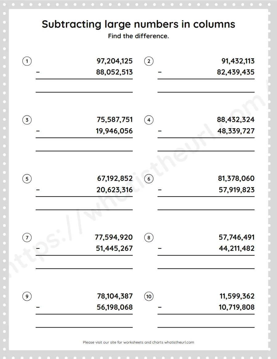 Grade 5 subtracting large numbers in columns worksheet - worksheet