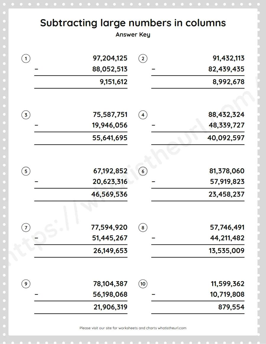 Grade 5 subtracting large numbers in columns worksheet - answer key
