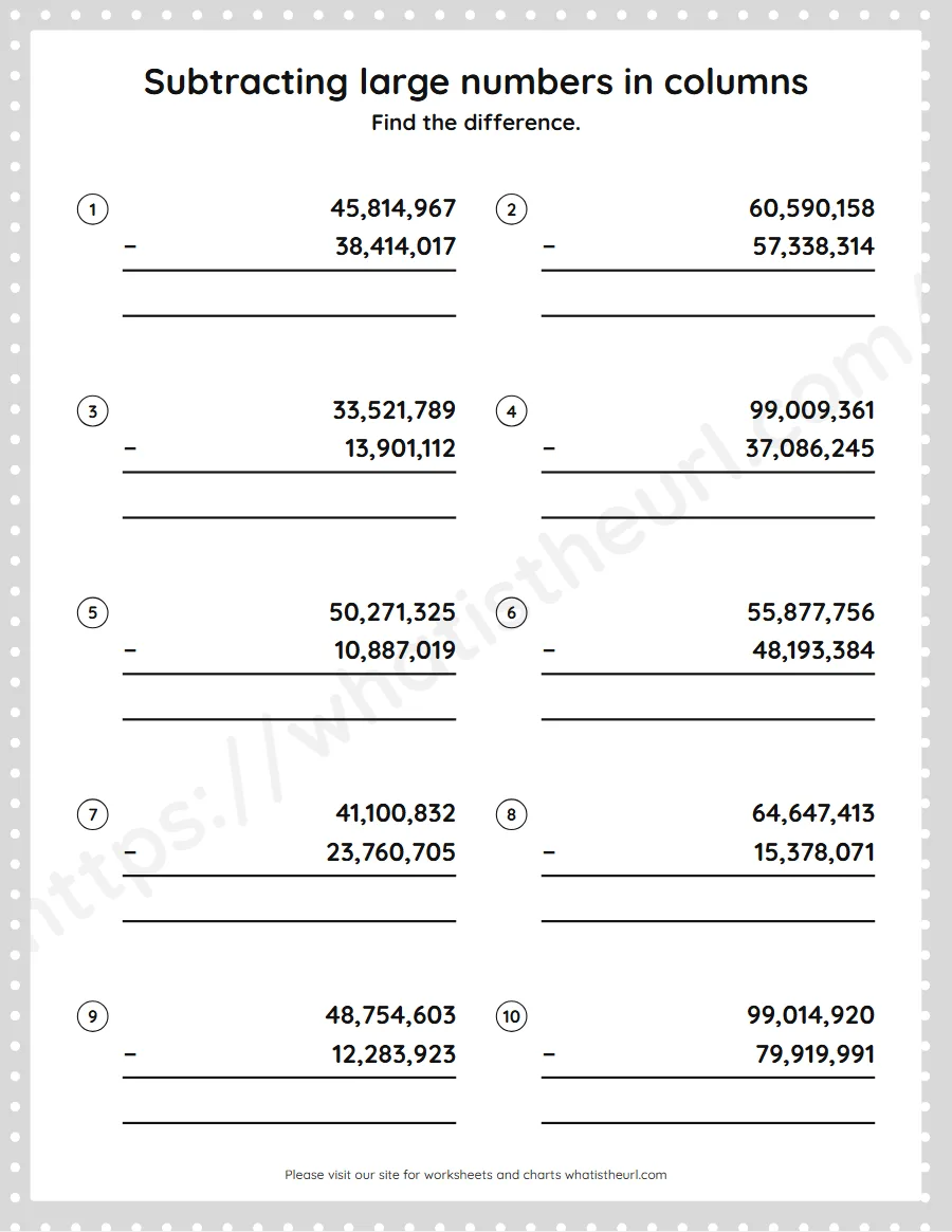 Grade 5 subtracting large numbers in columns worksheet - worksheet