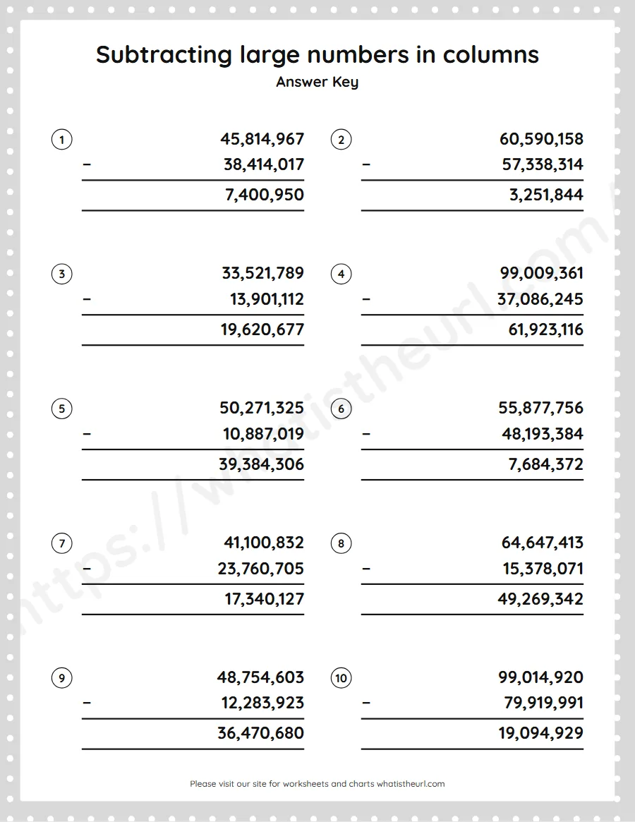 Grade 5 subtracting large numbers in columns worksheet - answer key